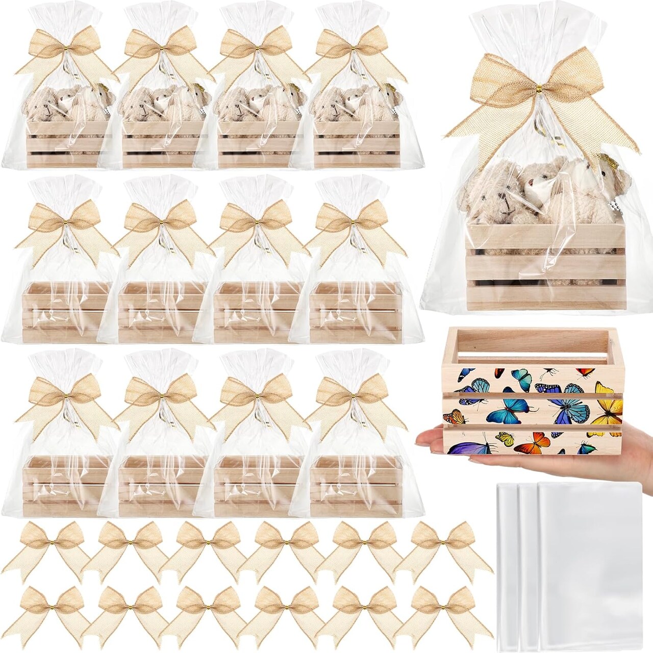 12-Piece Gift Basket Kit – Small Unfinished Wooden Crates with 12 Bows and 12 Clear Treat Bags for Crafts, Weddings, Holidays, Birthdays, Easter, and Home Décor (Natural Wood Color)